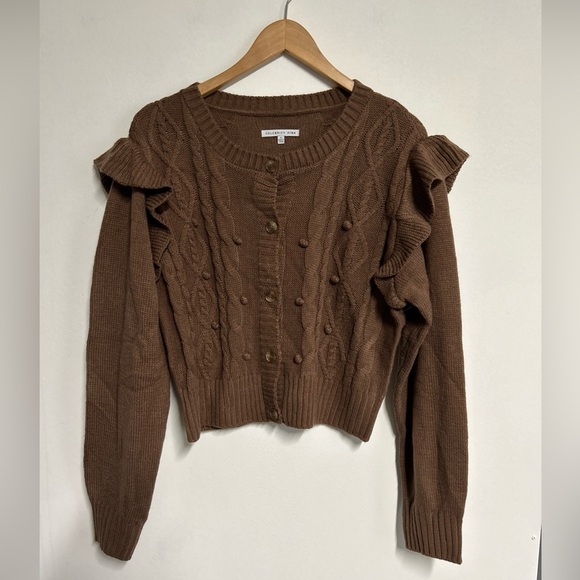 Celebrity Pink Womens XL Cropped Cardigan Brown Cable Knit Swiss Dot Fairycore - Picture 1 of 12